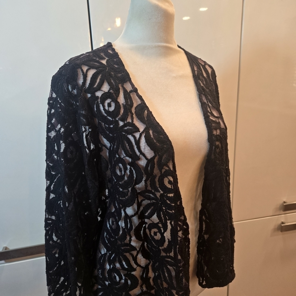 VTG Y2K Lace Floral Open Black Cardigan Womens Small